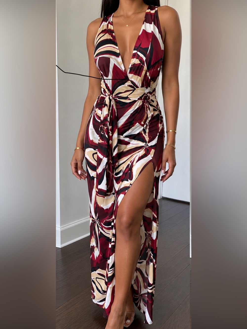 H&M Burgundy & Cream Plunge Wrap Maxi Dress